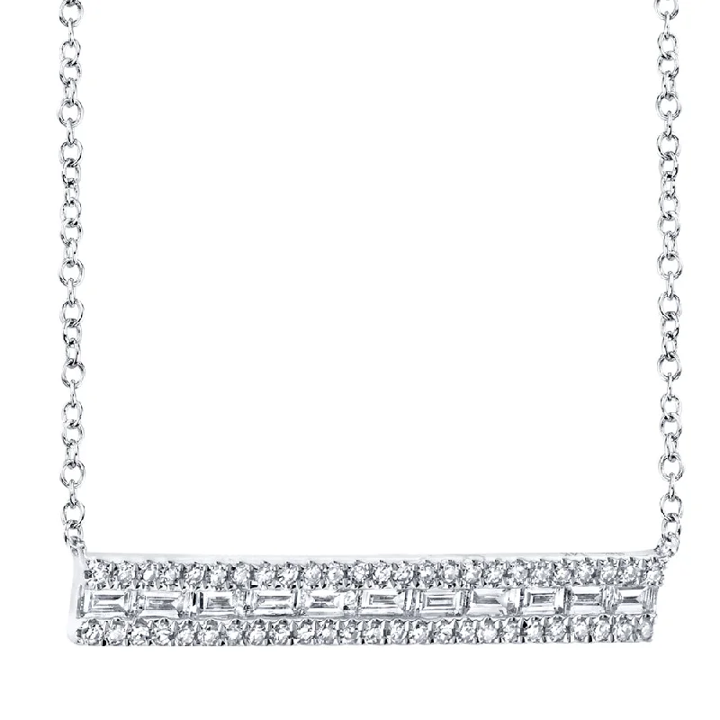 New 14K White Gold .40 Carat Total Weight Baguette Bar Necklace