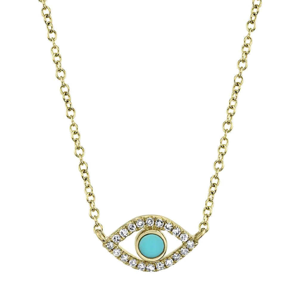 14K White, Yellow, or Rose Gold Turquoise & Diamond Evil Eye Pendant Necklace