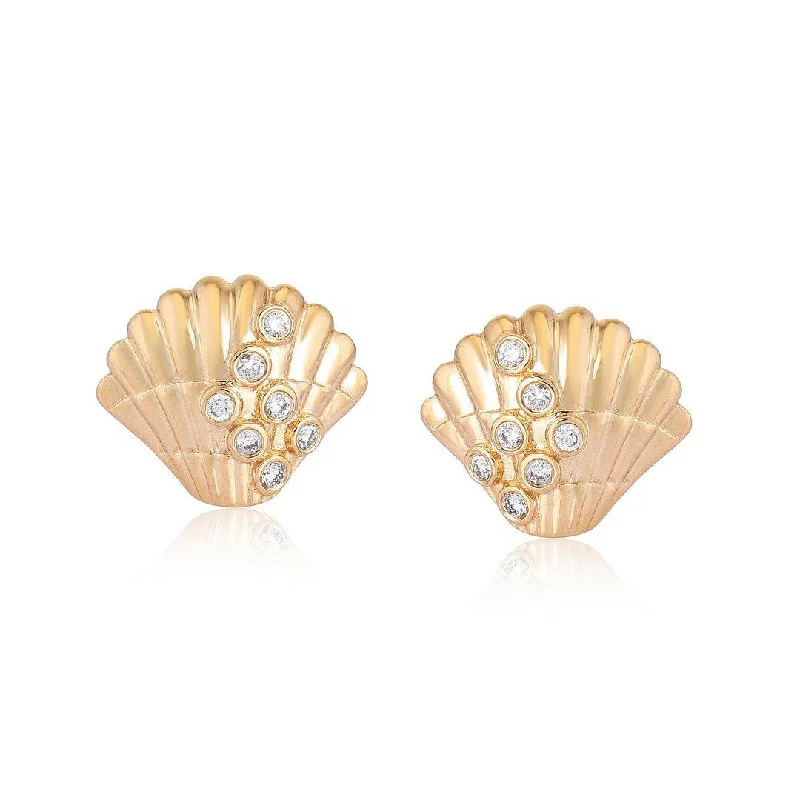 14K Yellow Gold Diamond Seashell Stud Earrings