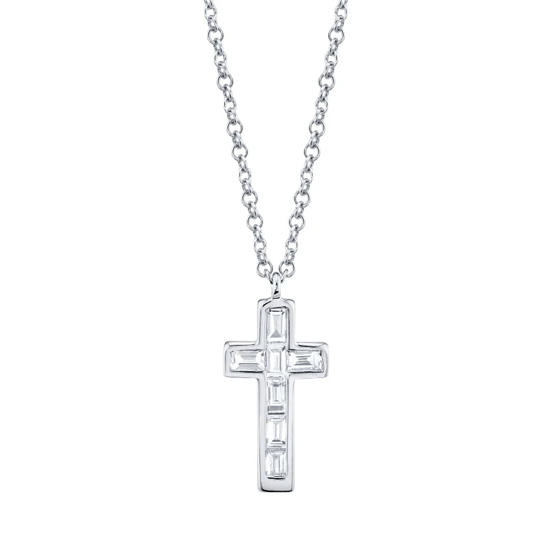 14K Gold Diamond Baguette Cross Pendant Necklace