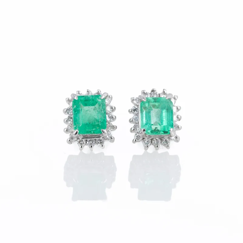 Platinum 1.30 Carat Emerald Diamond Halo Stud Earrings