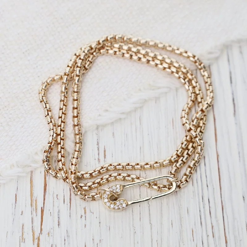 14k Medium Box Chain Wrap Bracelet & Necklace with Pave Safety Pin