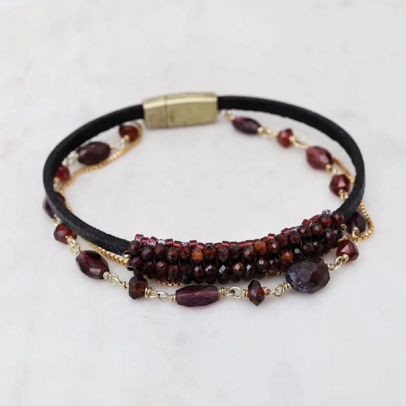 Hand Stitched Garnet & Garnet Bead Chain Bracelet