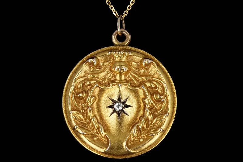 Victorian 14K Yellow Gold 0.03 Carat Old Mine Cut Diamond Engraved Locket Necklace