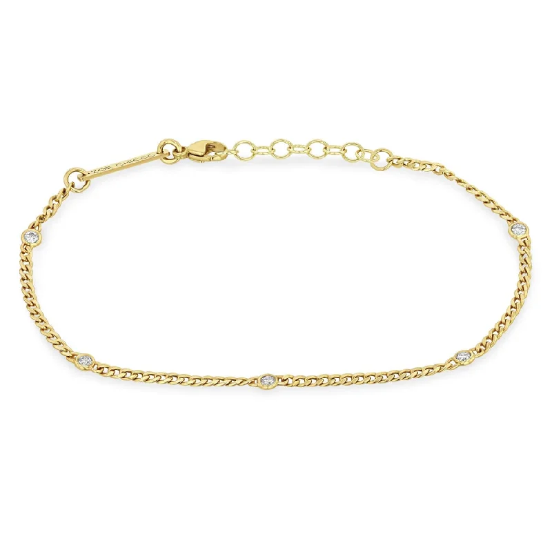 14k Extra Small Curb Chain Bracelet with 5 Floating Diamonds