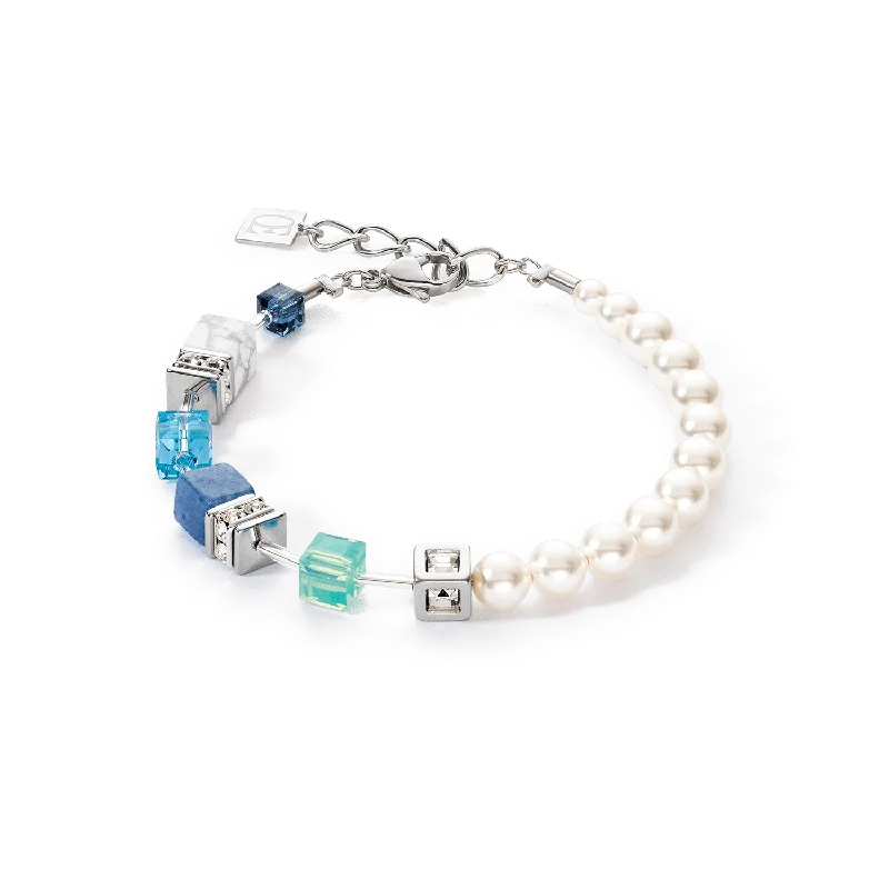 Aqua Blue Asymmetrical GeoCube and Pearl Bracelet