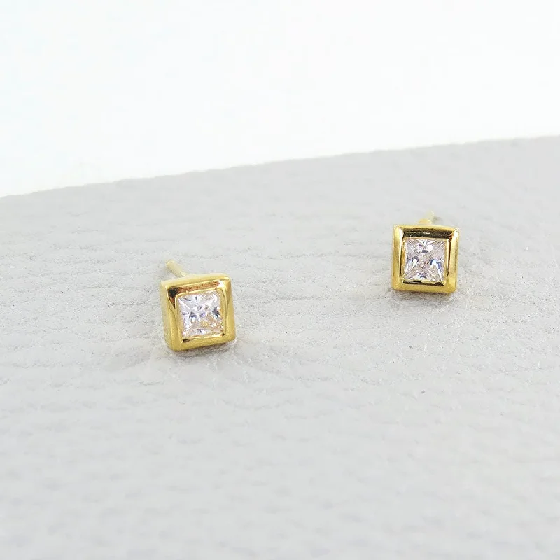 Square CZ Bezel Set Post Earrings