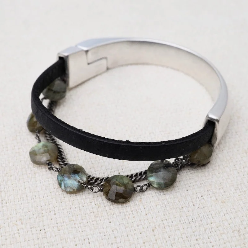 Labradorite Oxidized Curb Chain With Vintage Black Leather Half Cuff Bracelet